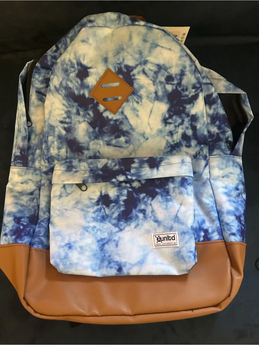 Unltd Blue Tie-Dye Canvas Backpack with Tan Faux-Leather Base Lacrosse